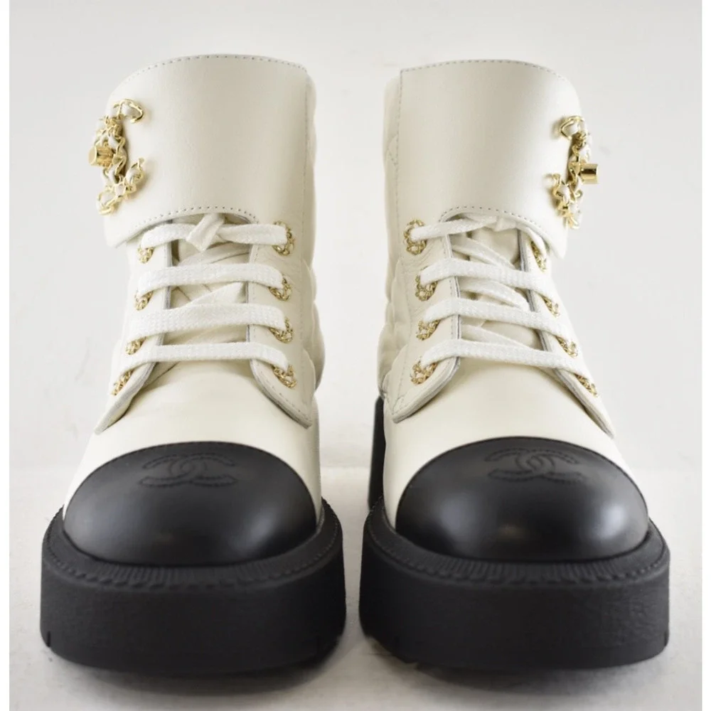 Chanel 24B White Quilt Gold CC Chain Combat Black Platform Ankle Short Boots 37c - Picture 13 of 16